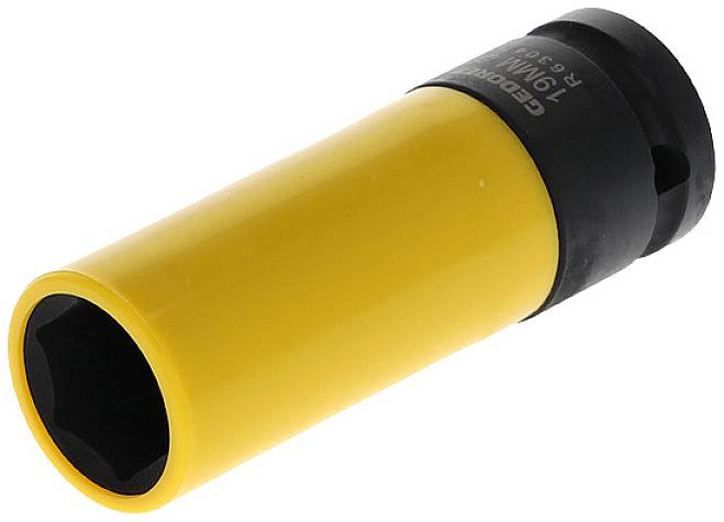 Embout de clé à douille jaune avec capuchon noir, adapté pour des écrous ou des vis de 19 mm.