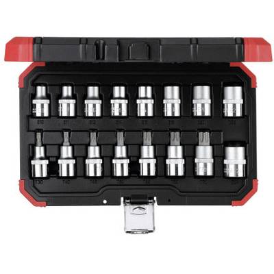 Coffret de clés à cliquet avec 14 tailles différentes dans un boîtier de rangement rectangulaire noir avec bordure et fermeture rouges.
