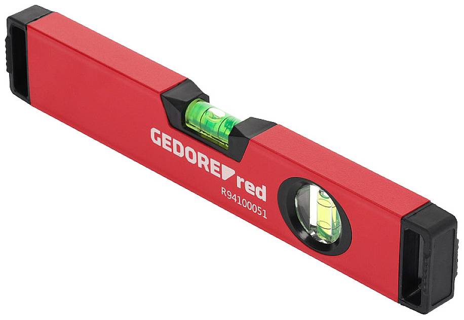 Niveau à bulle en rouge vif avec deux fioles, nom de marque 'GEDORE red' et numéro de modèle sur le côté.