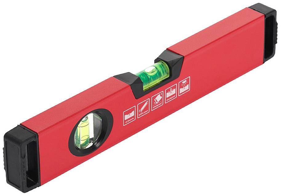 Niveau à bulle rouge avec deux fioles de nivellement pour mesurer les surfaces planes et les lignes verticales. Adapté aux travaux de construction et aux projets de bricolage.