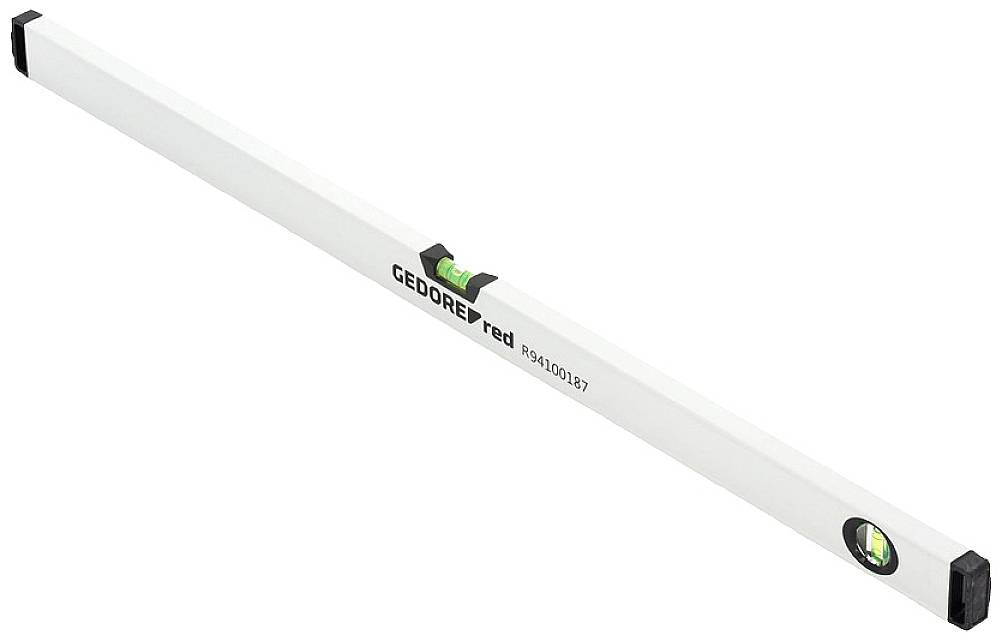 Niveau à bulle de forme rectangulaire blanche avec des embouts noirs, portant l'inscription 'GEDORE red'. Comprend deux bulles pour l'alignement.