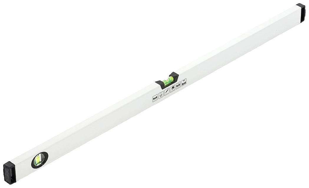 Niveau à bulle avec fenêtre de visée verte et bulle de niveau pour un nivellement précis, forme rectangulaire blanche avec embouts noirs. Adapté pour des mesures de précision.