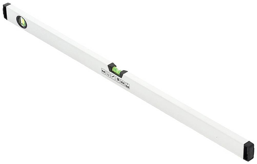 Un niveau à bulle blanc avec deux bulles vertes, indiquant la précision du nivellement.