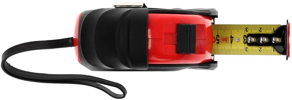 Ruban à mesurer rouge avec échelle jaune dépliée, vue de dessus à 5 cm.