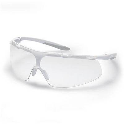 Lunettes de protection transparentes avec monture en plastique blanc sur fond blanc, illustrant un style léger et moderne pour des applications de sécurité.