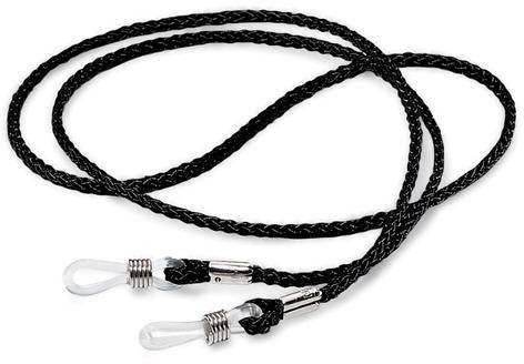 Un cordon de lunettes tressé noir avec des boucles en silicone à chaque extrémité pour fixer les lunettes.