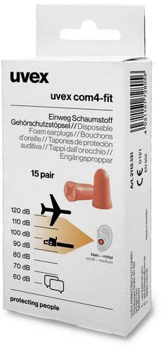 Emballage contenant 15 paires de bouchons d'oreilles jetables en mousse, illustrant des valeurs de protection contre le bruit de 100 dB à 120 dB. Marque : uvex.