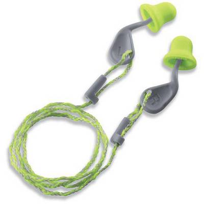 Bouchons d'oreilles verts, insonorisants, avec des poignées grises et des cordons verts pouvant être portés autour du cou.