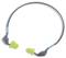 Des bouchons d'oreilles gris, flexibles, avec des embouts verts, reliés par un fin cordon, offrent une protection contre le bruit et sont conçus pour un port confortable.