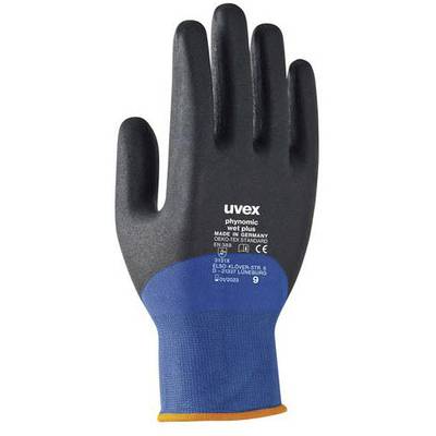 Gant de protection uvex en noir et bleu, modèle 'phynomic wet plus', affichant les spécifications du produit sur le dessus du gant.