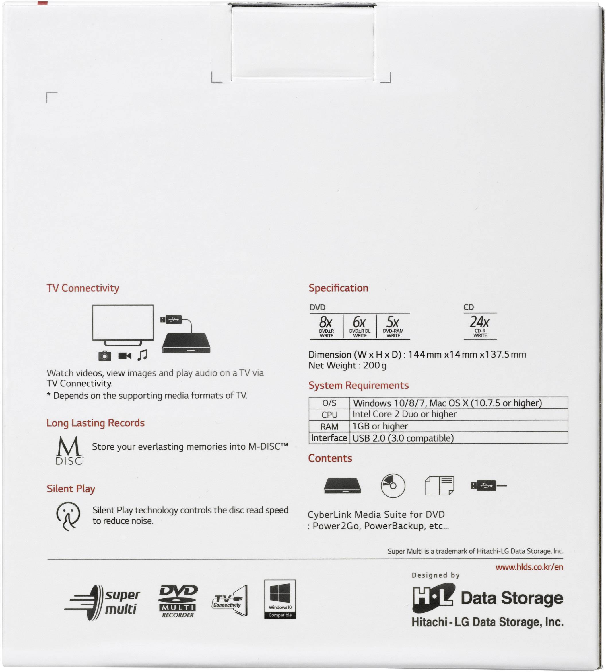 'Lecteur DVD avec connectivité TV, spécifications techniques et logos. Compatible Windows, Mac OS X, USB 2.0 et M-DISC.'
