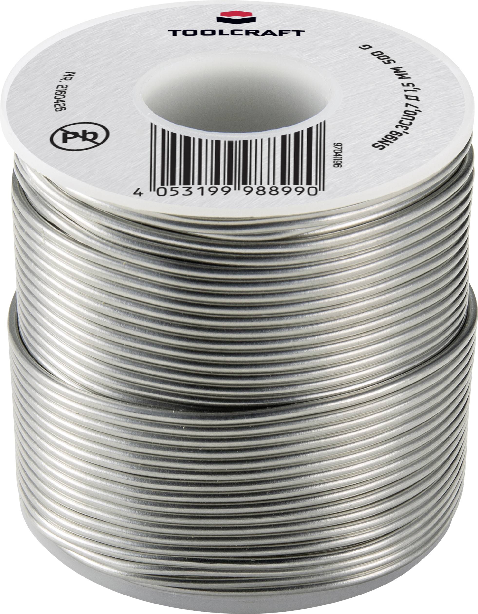 Rouleau de soudure à l'étain, marque TOOLCRAFT, métal argenté, enroulé en spirale, sur bobine blanche imprimée avec les détails du produit.