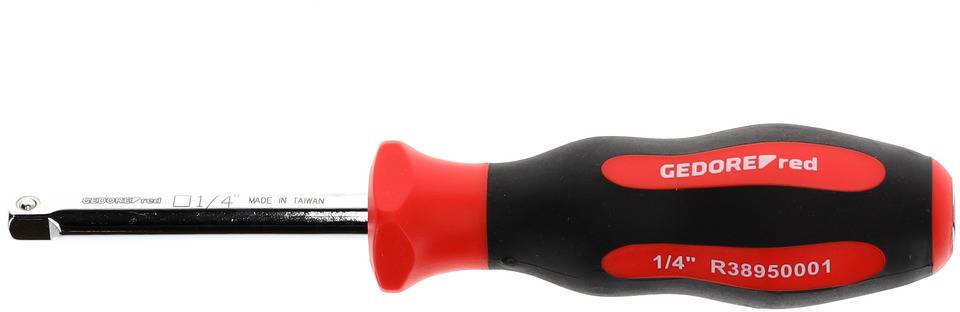 Tournevis à poignée rouge ergonomique ; marquage : 'GEDORE red 1/4" R38950001'.