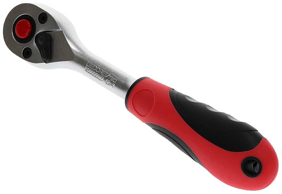 Cliquet avec poignée ergonomique rouge et noire, adapté à différentes tailles de douilles. Idéal pour les travaux mécaniques.