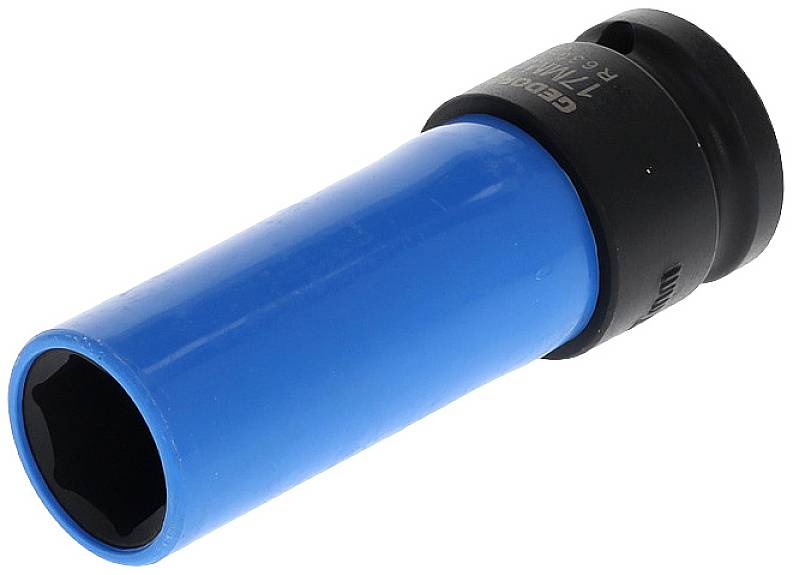 Une noix de blocage bleue avec un anneau noir, utilisée pour les travaux avec des vis ou des écrous. Elle possède une ouverture hexagonale.