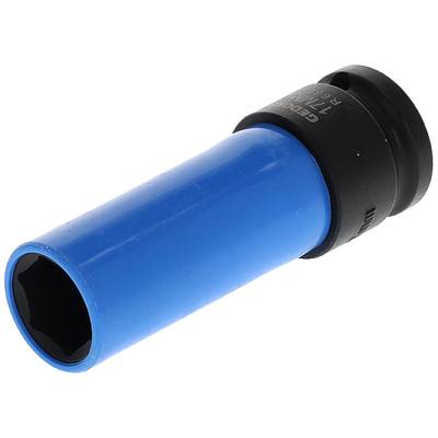 Une noix de blocage bleue avec un anneau noir, utilisée pour les travaux avec des vis ou des écrous. Elle possède une ouverture hexagonale.