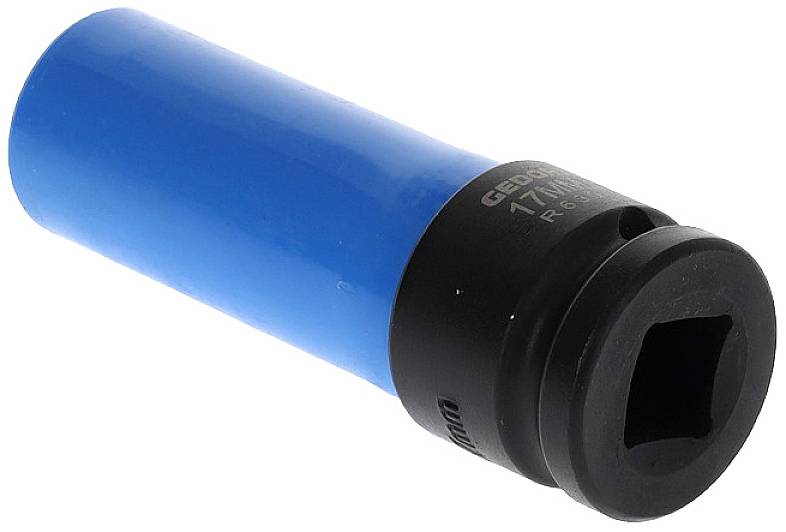 'Douille de clé à chocs bleue avec embout noir, taille 17 mm.'