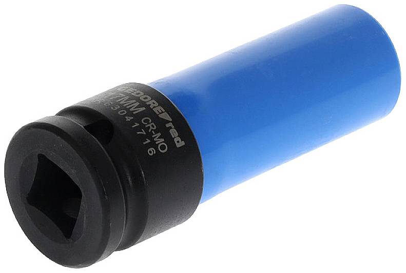 Une noix à impact bleue, hexagonale, avec entraînement noir, pour desserrer ou serrer des vis et des écrous à l'aide d'un tournevis à chocs.