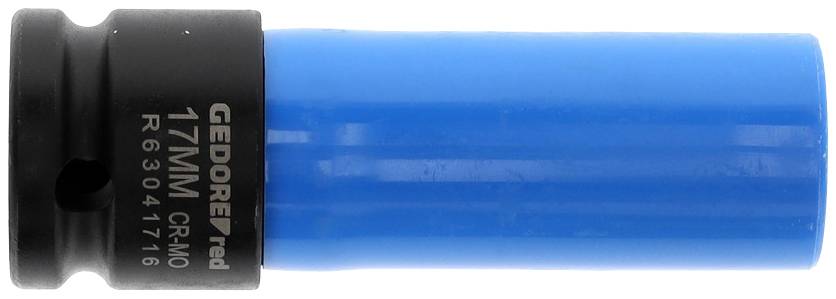 Un embout de clé à douille bleu de la marque Gedore portant l'inscription '17MM CR-MO R63041716', adapté pour une utilisation en outillage.
