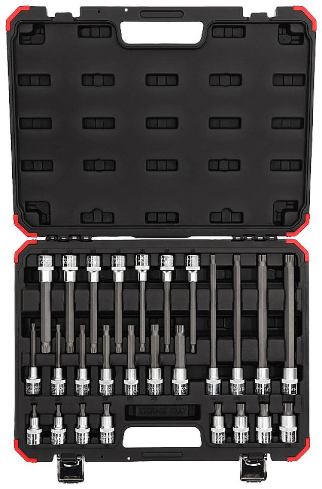 Mallette à outils noire ouverte avec différents embouts de clés à douille et rallonges disposés en rangées ordonnées.
