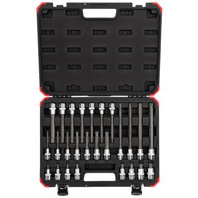 Mallette à outils noire ouverte avec différents embouts de clés à douille et rallonges disposés en rangées ordonnées.