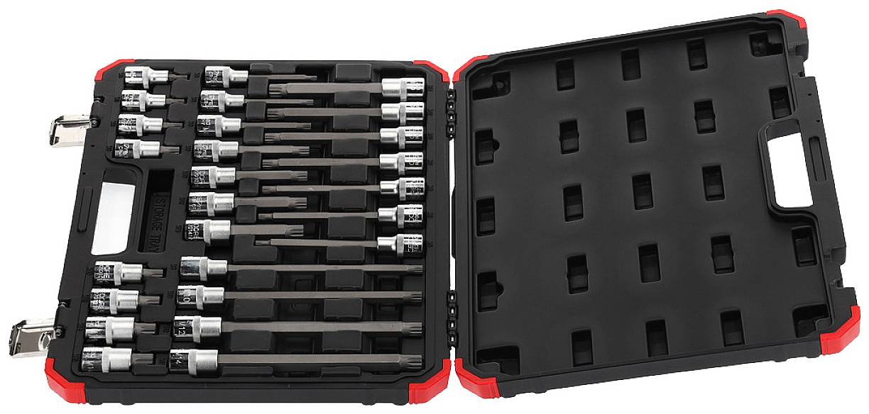 Boîte à outils ouverte contenant plusieurs douilles et rallonges de différentes tailles, soigneusement rangées.