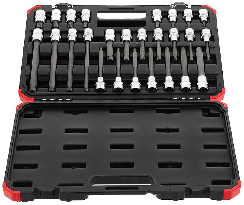 Une boîte à outils ouverte contenant divers écrous et rallonges, disposés en rangées bien organisées. Adaptée aux travaux mécaniques.