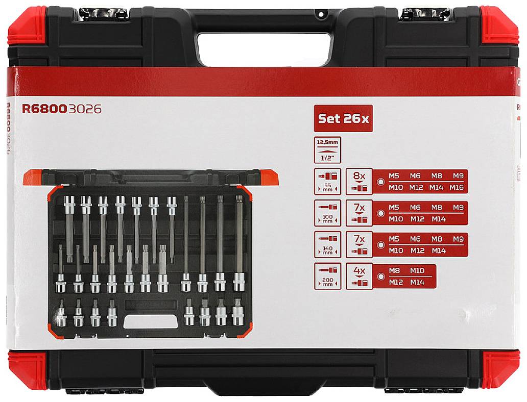 Coffret à outils comprenant 26 clés à douille de différentes tailles et formes. Inclut des tailles de M5 à M14. L'illustration montre le contenu et les quantités.