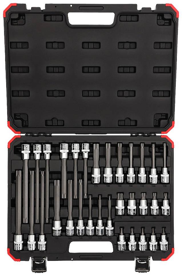Une boîte à outils ouverte montre une collection de clés à douille de différentes tailles, rangées dans des supports en mousse.