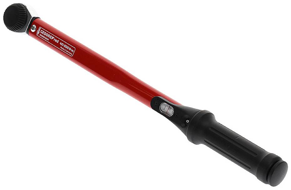 Clé dynamométrique rouge avec poignée noire et échelle intégrée pour l'indication du couple.