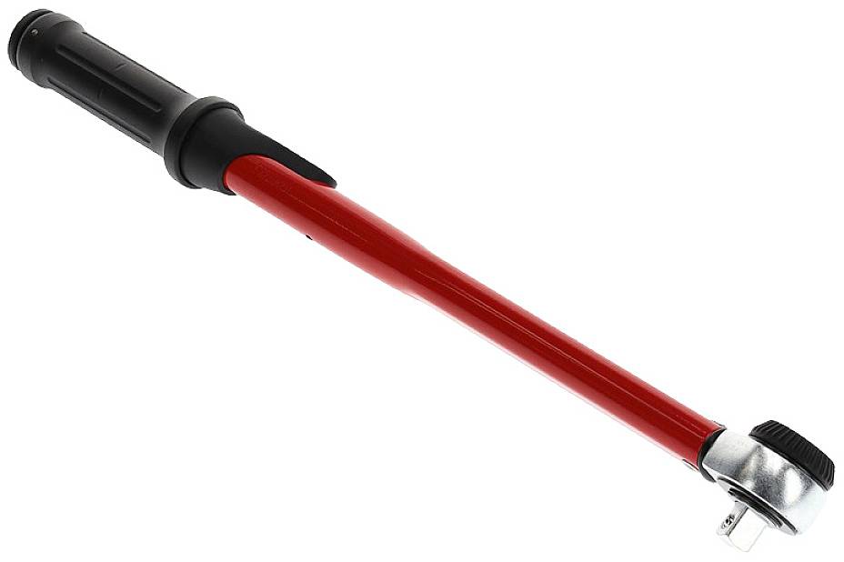 Une clé dynamométrique rouge avec une poignée noire, souvent utilisée pour serrer des vis à un couple de serrage spécifique.