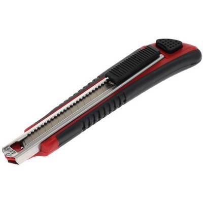 Un cutter en plastique rouge et noir avec une lame rétractable et une poignée striée pour une meilleure prise en main.