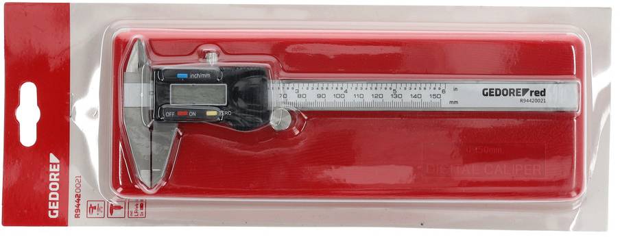 Un pied à coulisse numérique avec affichage LED dans un boîtier en plastique rouge, adapté pour mesurer des objets avec précision.