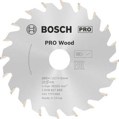 Lame de scie 'BOSCH PRO Wood', diamètre 85 mm, adaptée pour le bois, vitesse de rotation maximale 18 000 tr/min, fabriquée en Chine.