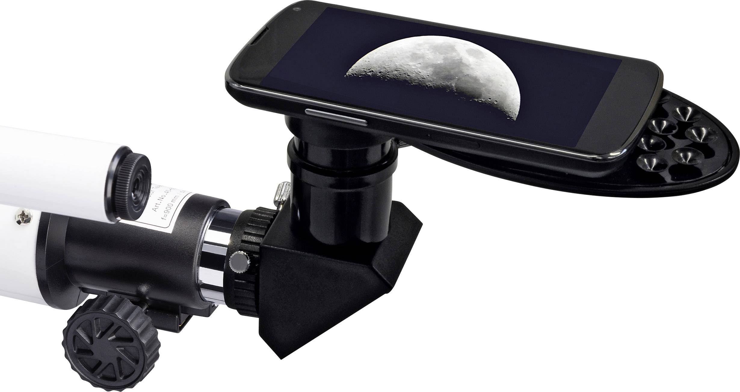 Télescope avec support pour smartphone, affichant la lune sur l'écran du téléphone portable.