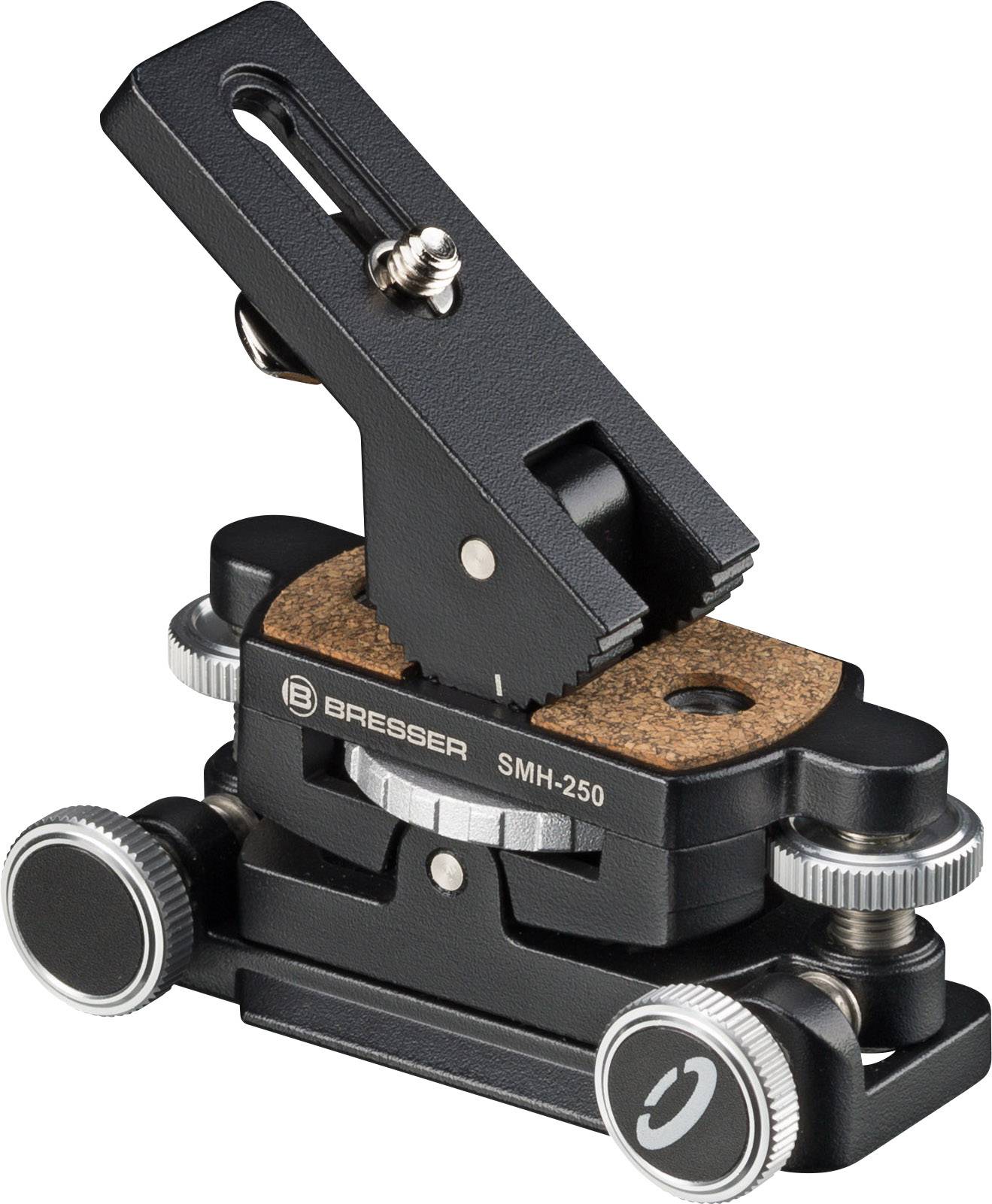 Un adaptateur de caméra stable, noir, portant l'inscription de marque 'Bresser SMH-250'. Adapté pour fixer une caméra sur un trépied.