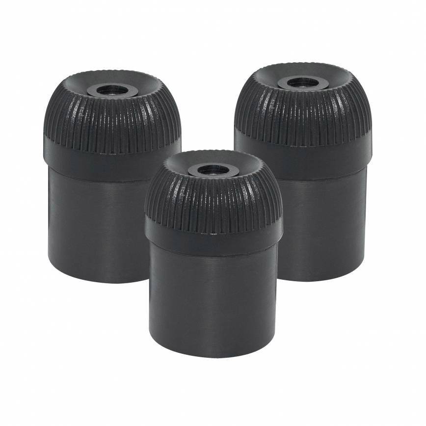 Trois contenants cylindriques noirs avec des structures de surface texturées sur leurs bords supérieurs, sur un fond blanc.