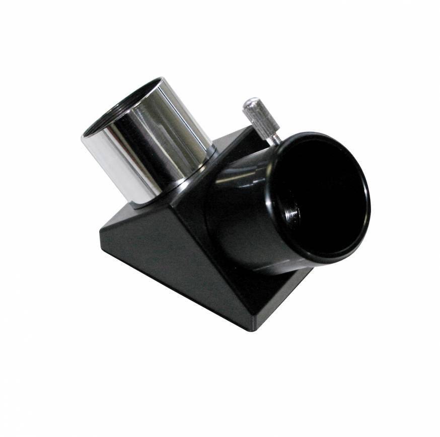 Un adaptateur de réflexion diagonal noir avec des connexions métalliques, utilisé pour modifier l'angle de vue d'un télescope.