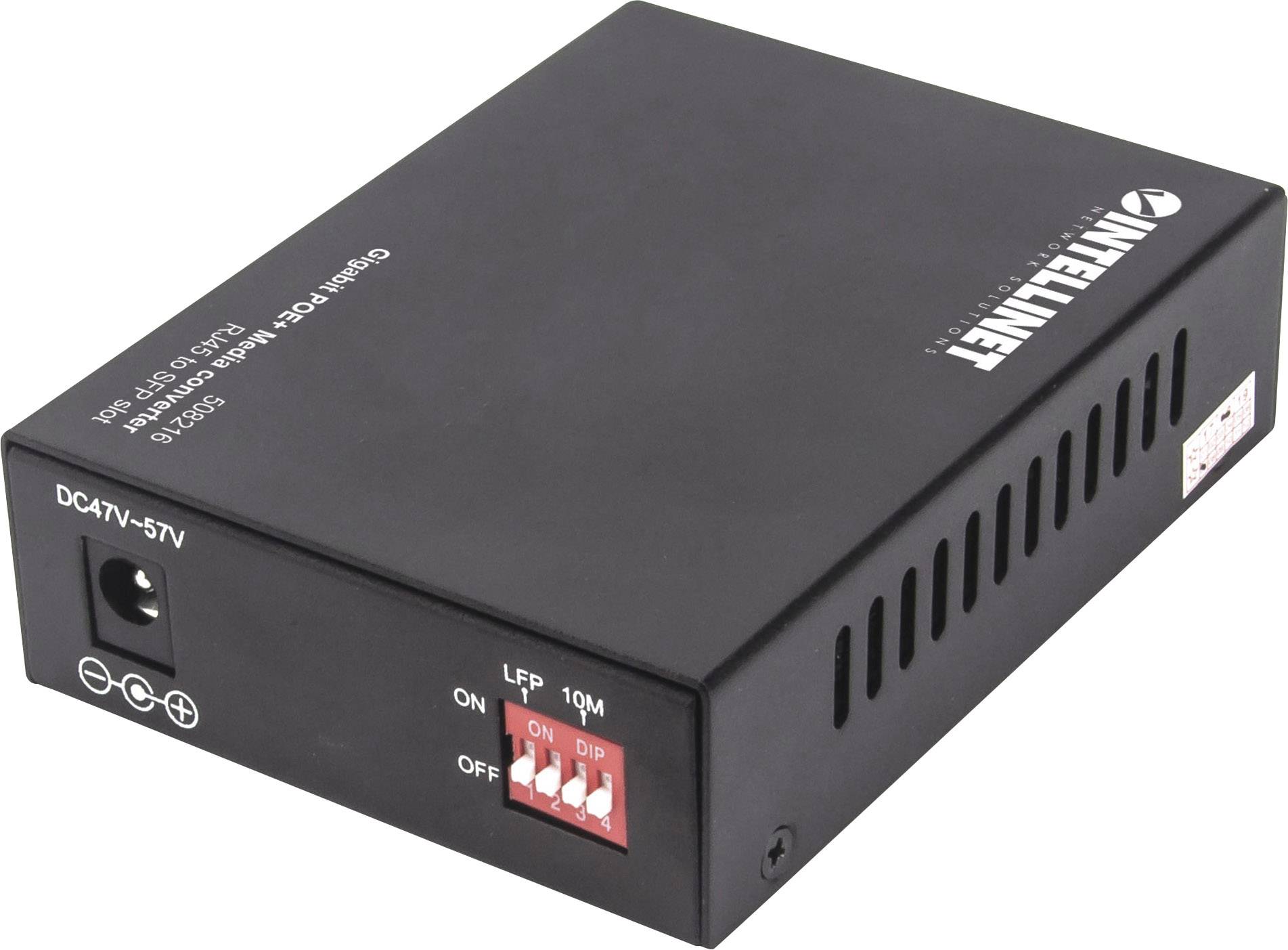 Convertisseur multimédia noir avec étiquetage et connexions ; permet la conversion des signaux de fibre optique en signaux Ethernet.
