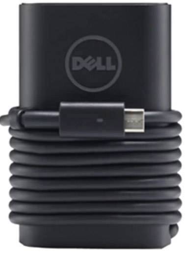 Un chargeur Dell noir avec un câble enroulé et un connecteur USB-C, idéal pour les ordinateurs portables.
