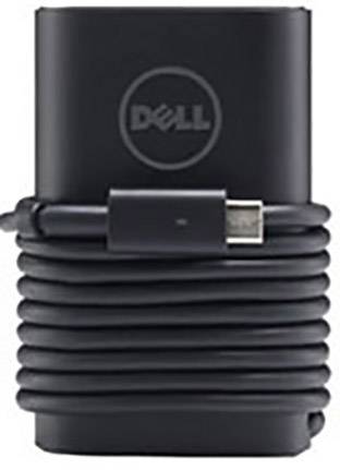 Un chargeur Dell noir pour ordinateur portable, avec un câble enroulé et le logo Dell sur le dessus.