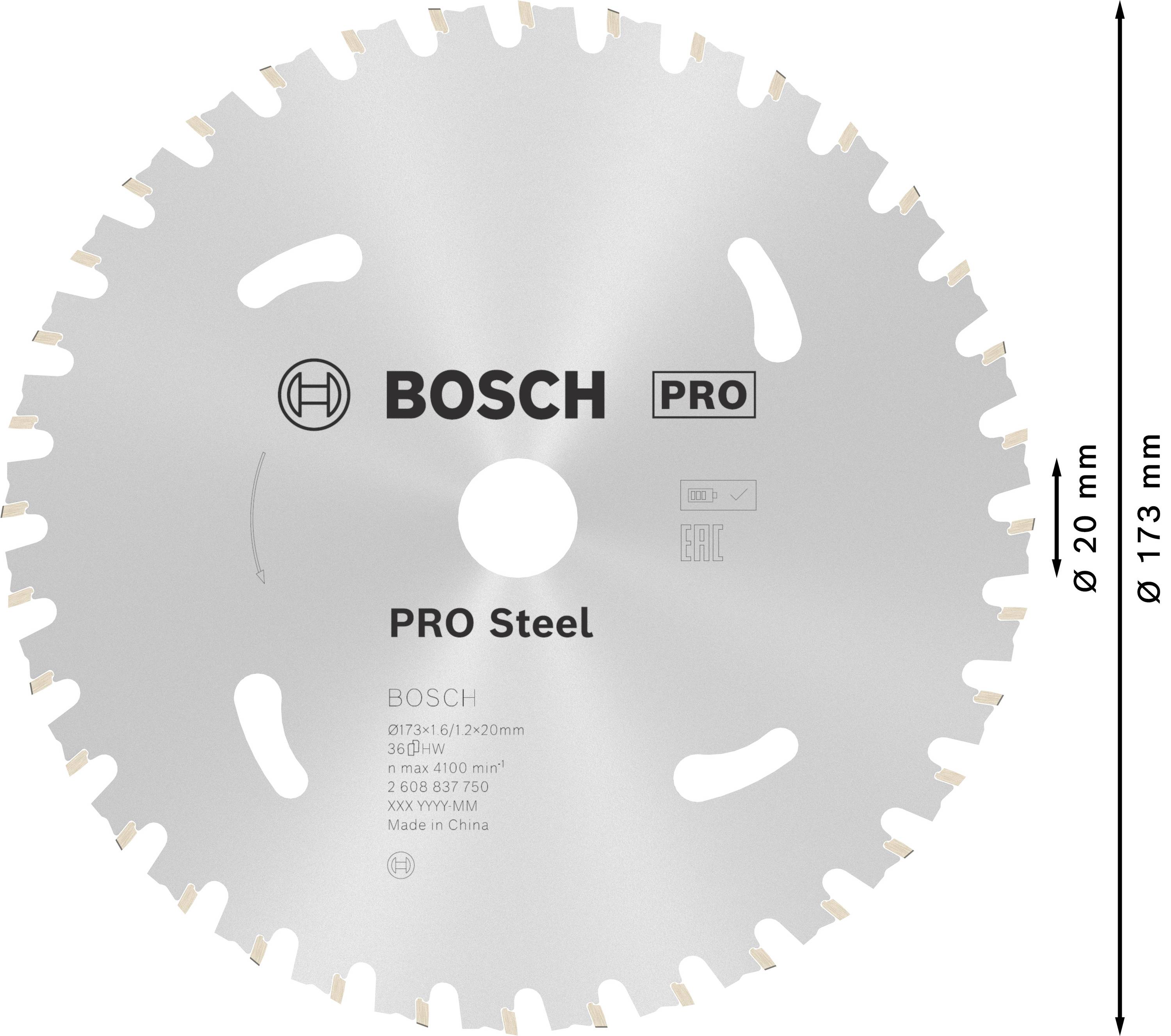 Lame de scie circulaire 'Bosch PRO Steel', diamètre extérieur 173 mm, diamètre intérieur 20 mm, 30 dents, adaptée pour l'usinage de l'acier.