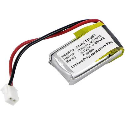 Batterie Lithium-Polymère avec câble et fiche. L'étiquette indique le numéro de modèle et les spécifications : 90mAh, 3,7VDC.