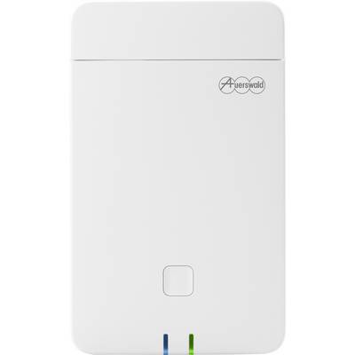 Un appareil blanc avec le logo 'Auerswald' en haut à droite, un bouton central et des indicateurs colorés en bas.