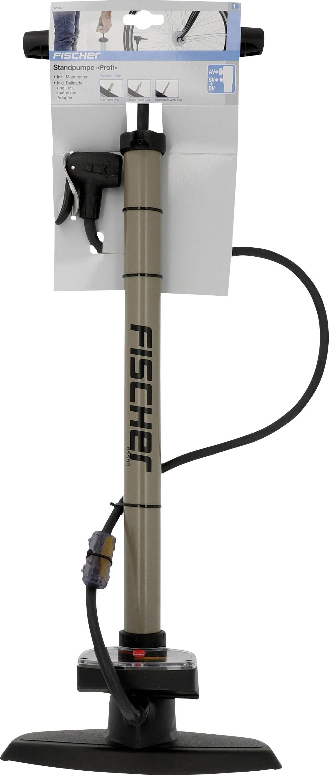 Pompe à air de Fischer avec base stable et tuyau flexible, adaptée au gonflage des pneus de vélo.