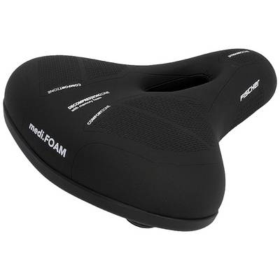 Selle de vélo noir au design ergonomique, marque 'FISCHER', texte 'medi:FOAM', mettant l'accent sur le confort et la décompression.