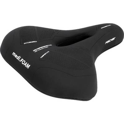 Selle de vélo noir avec inscription 'medi:FOAM' et design ergonomique pour un confort accru. Nom de marque 'FISCHER' imprimé.