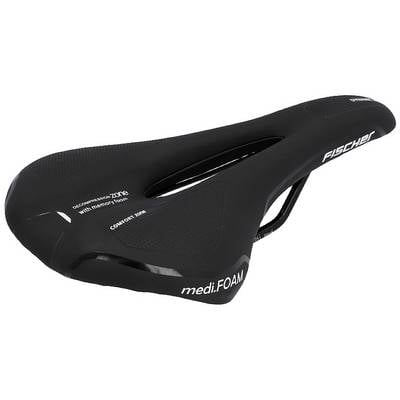 Un selle de vélo noir portant les inscriptions 'medi.FOAM' et 'FISCHER', ergonomiquement conçue et dotée de mousse à mémoire de forme pour un confort optimal.