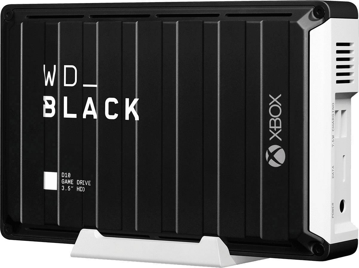 Disque dur externe 'WD_BLACK D10 Game Drive' pour Xbox. Boîtier noir, orientation verticale, conçu pour les jeux vidéo.