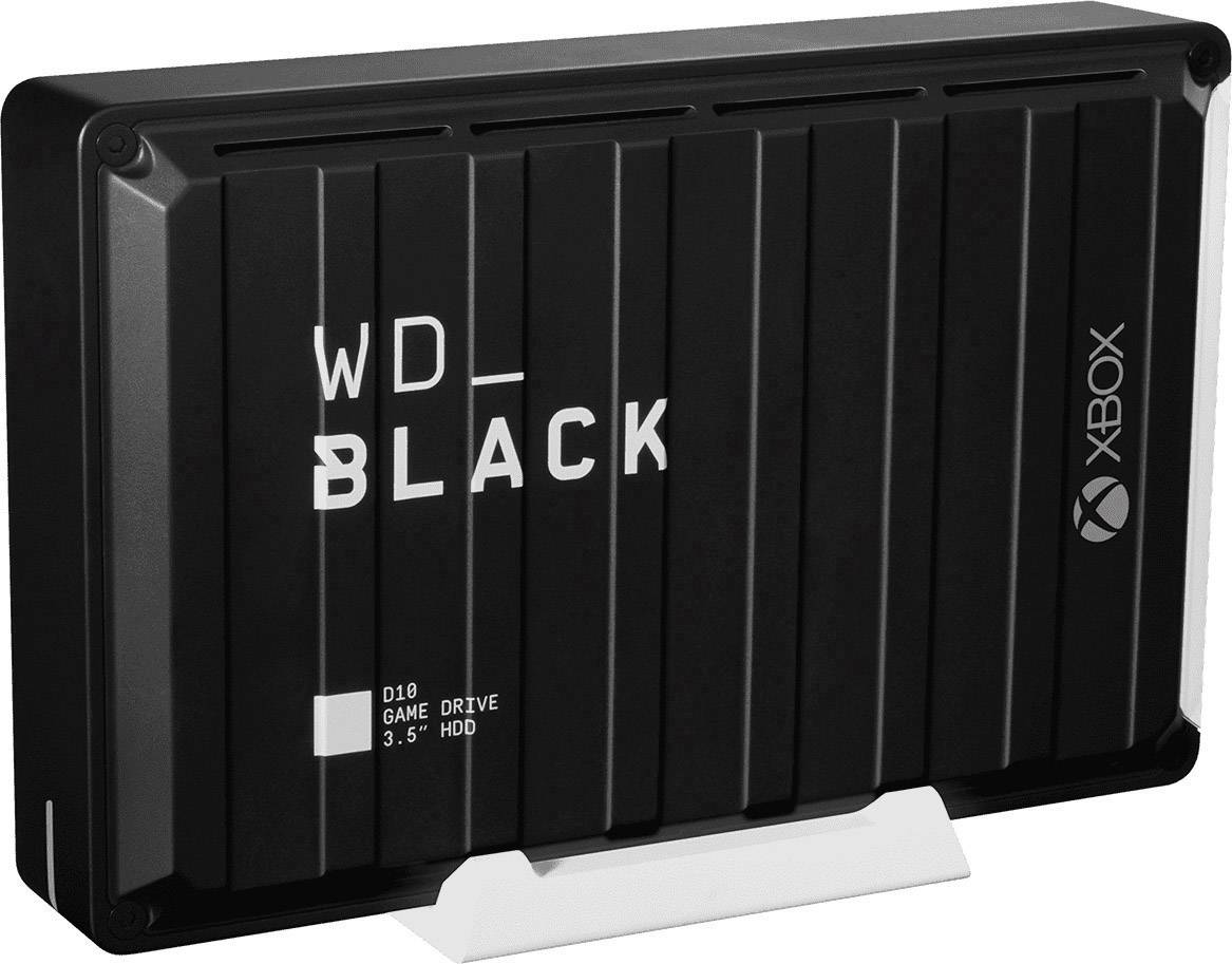 Disque dur externe WD Black D10 pour Xbox, de couleur noire, de forme rectangulaire, présenté sur un socle blanc.